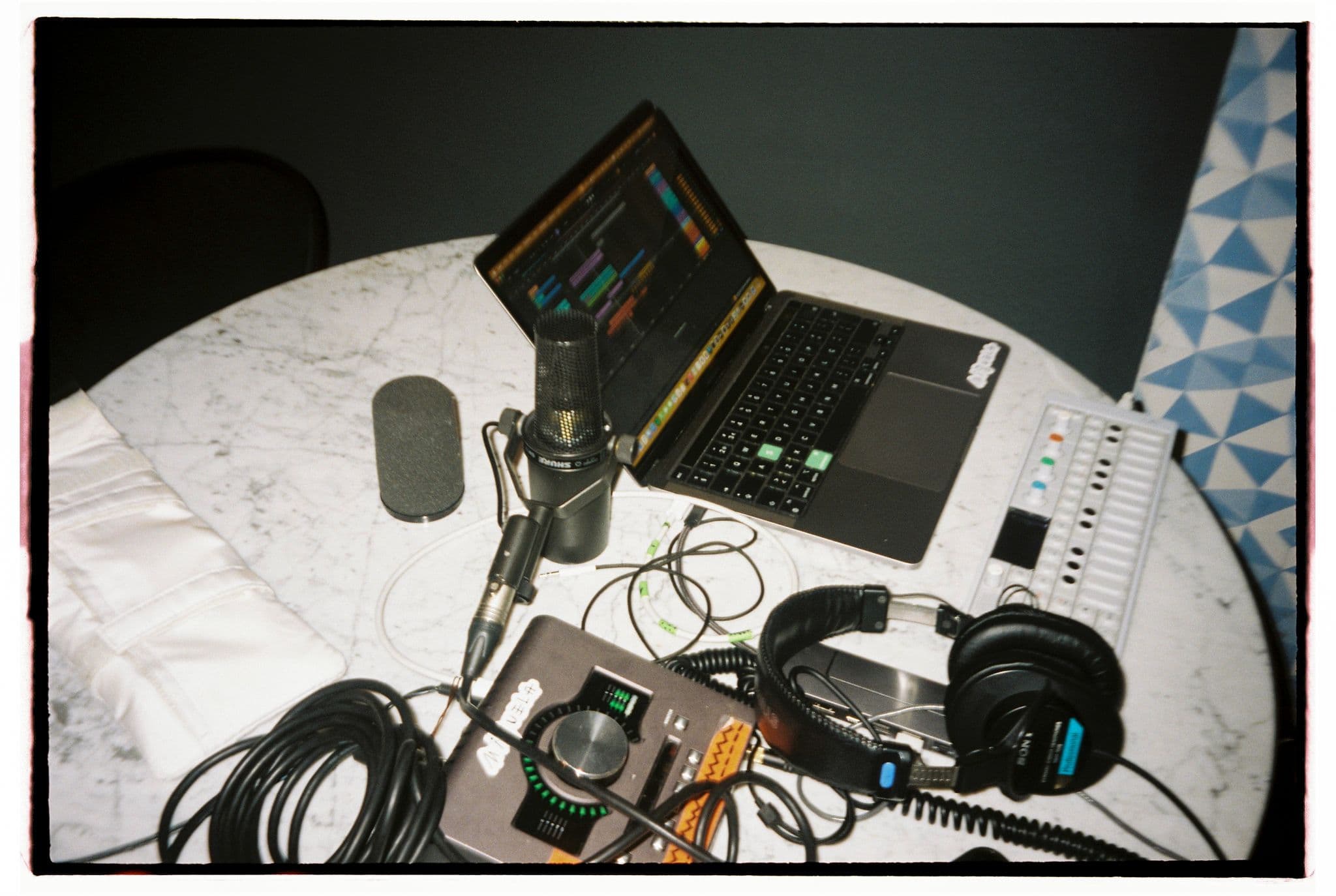 Home recording setup on a marble table